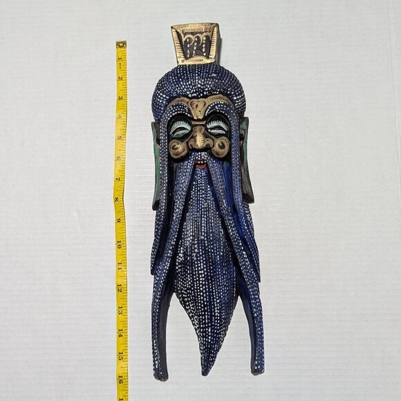 Chinese God of Longevity Wood Wall Mask Hand Carved Blue - Picture 3 of 4